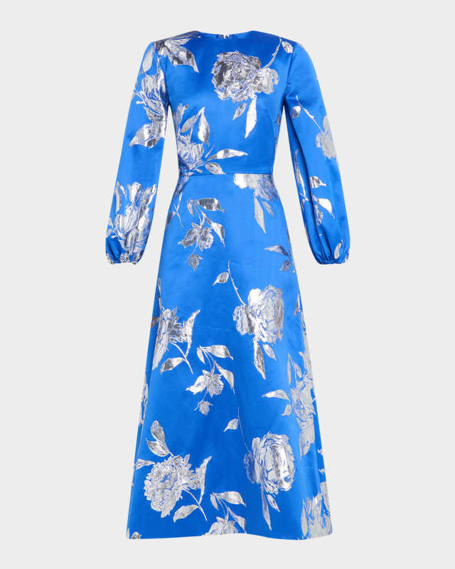 Metallic Jacquard Bishop-Sleeve Midi Dress